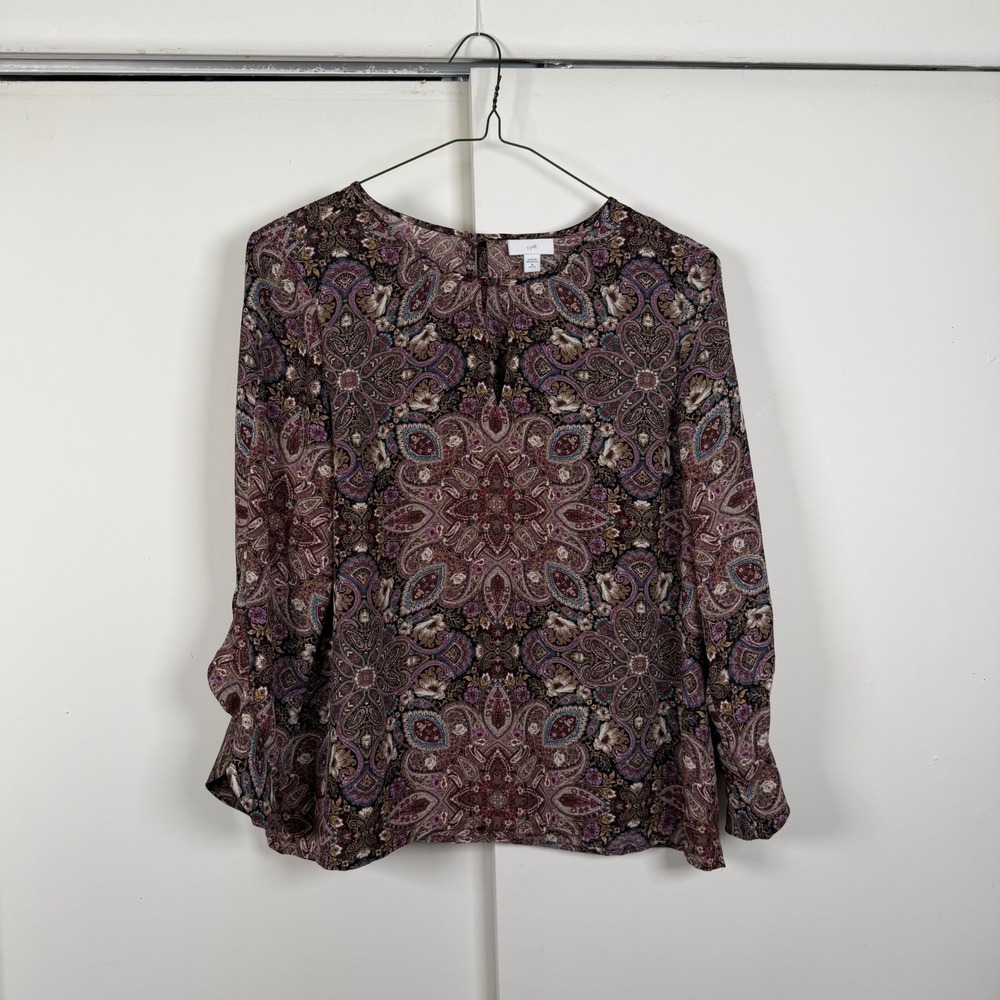 J. Jill Petite M Paisley Floral Medallion Split Neck Ruched Sleeve Blouse Top